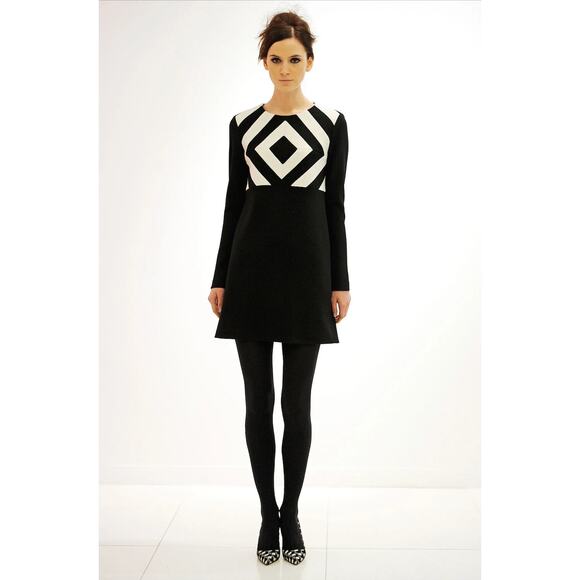 Lisa‎ Perry Wool Mod Mini Dress Long Sleeve Geometric Black and White, Size 2 - Picture 1 of 14